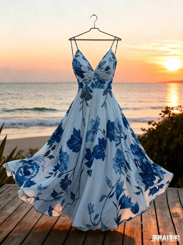 French print suspender dress seaside vacation style waist long dress European and American beach dress summer new