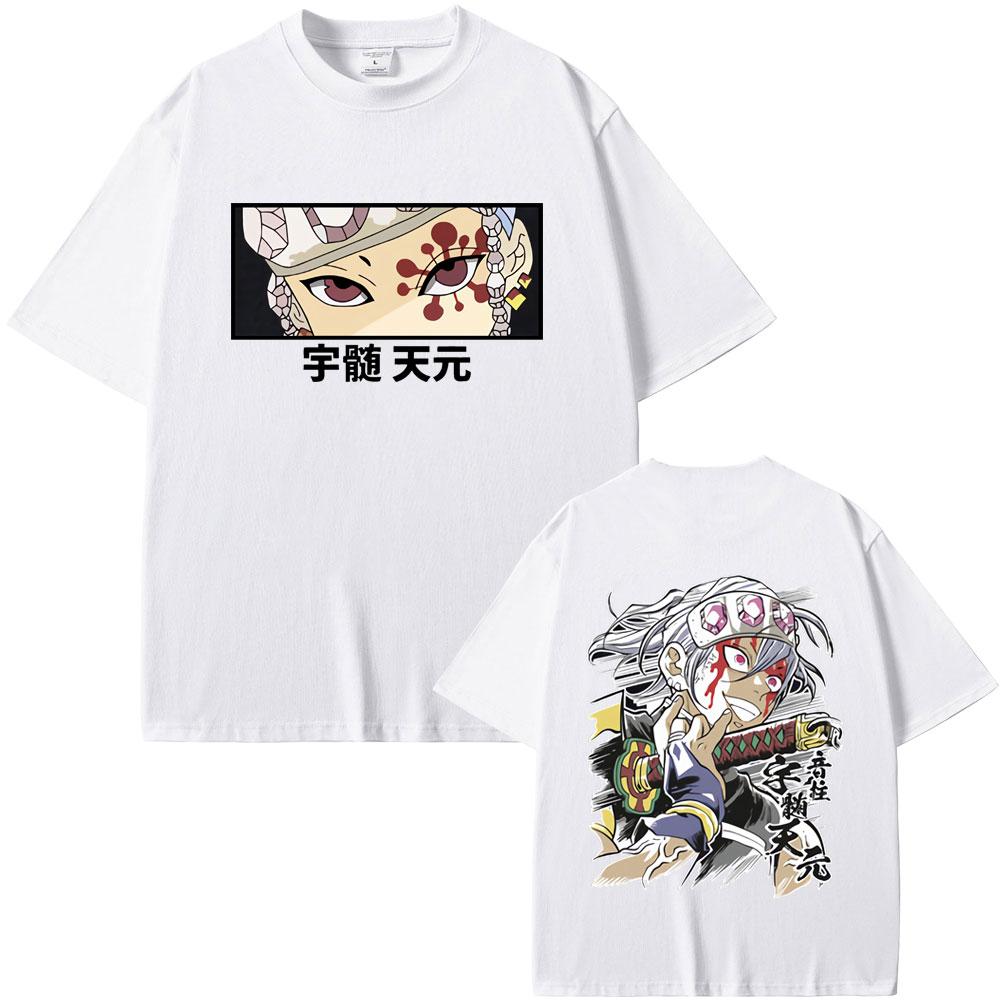 Anime Demon Slayer Uzui Tengen Double Sided Graphic Tshirt Men Women Casual Oversized Crewneck T-shirt Male Vintage Streetwear