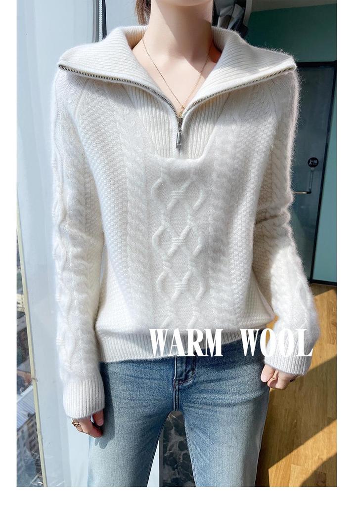 Women's Heavyweight Three-Ply Wool Half-Zip Sweater - Fashionable & Versatile for Autumn/Winter.