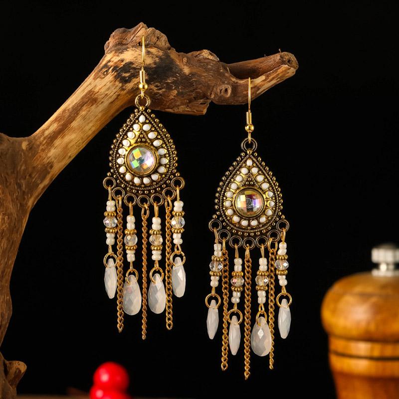 White Enamel Peacock Water Drop Feather Earrings for Women Ethnic Elegant Long Crystal Rhinestone Earring Boho Vintage Jewelry
