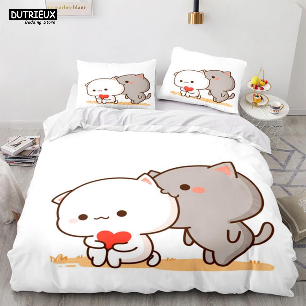 Lovely Peach Cat Bedding Set Cartoon Cute Bed Set Double Queen King Twin Full Size Duvet Cover Set Kids Girls Duvet Cover Gifts