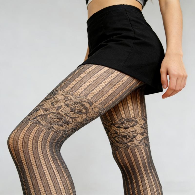 Womens Aesthetic Geometric Floral Patterned Lace Pantyhose Sheer Fishnet Tights Stockings Mesh Leggings for Casual Wear