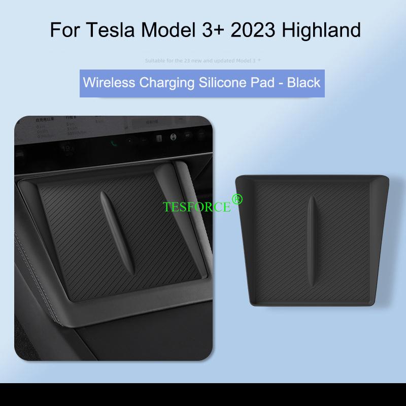 

For TESLA Model 3 2023 2024 Highland Wireless Charging Silicone Pad Model3+ Center Control Storage Box Armrest Box Bottom Mat NewM3 Charging Black