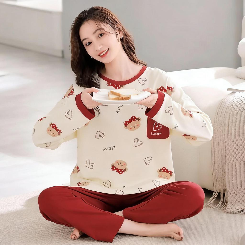Women's Cotton Cartoon Pajama Set - Long Sleeve, Round Neck, Plus Size, Korean Style for Spring, Autumn, and Winter.