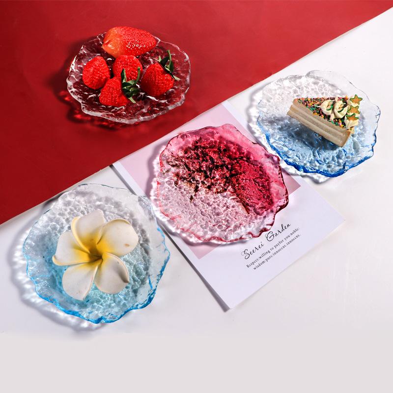 Transparent Pink Ice Cream Glass Plate Home Creative Dim Sum Fruit Plate Salad Dinner Plate Home Dessert Plate Decorative Plate