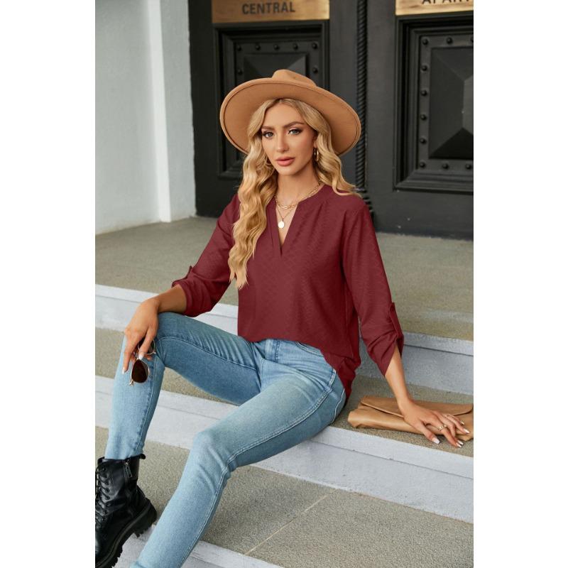 YYFS Blusas y camisas con cuello en V y mangas 3/4 con estampado de color sólido informal para verano y primavera para mujer