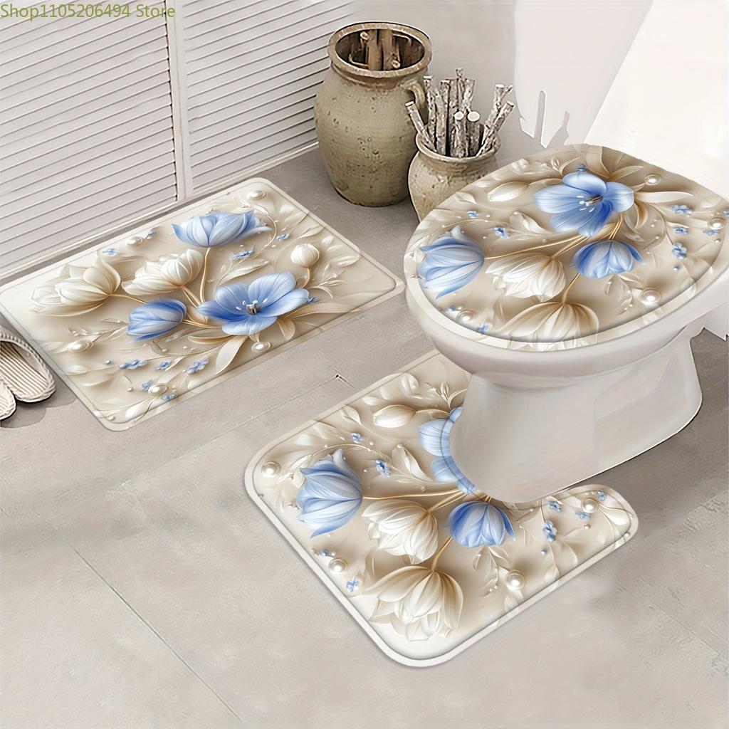 1/3/4pcs Blue Tulip Shower Curtain Bath Set with Bath Mat, U-Shaped Mat & Toilet Lid Cover - Elegant Botanical Bathroom Decor,