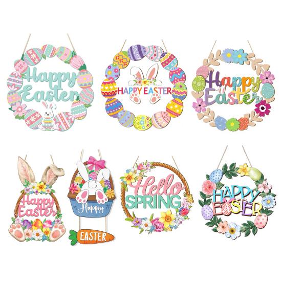 Wooden Easter Door Wreath for Bunny Eggs Porch Front Door Happy Easter Sign for Spring Window