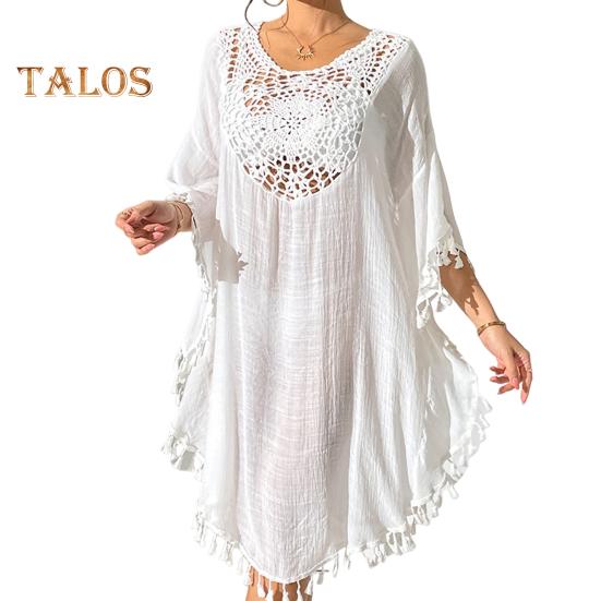 

Женское пляжное бикини, прикрытие с круглым вырезом и половиной рукава, полый дизайн с бахромой, свободное платье-купальник, сплошной цвет, свободное платье-прикрытие белый