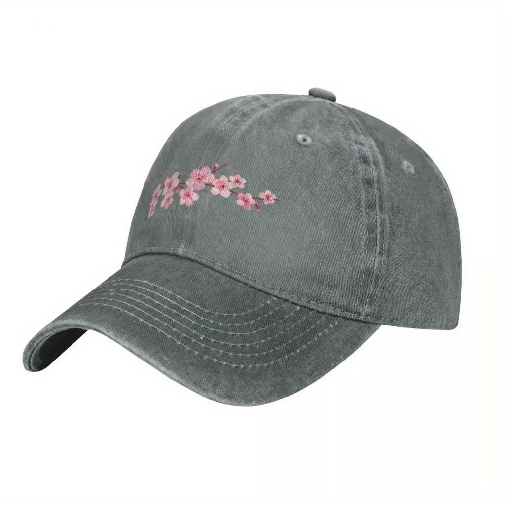 Cherry Blossom Pink Floral Print Washed Denim Baseball Cap Casual Adjustable Unisex Cotton Hat