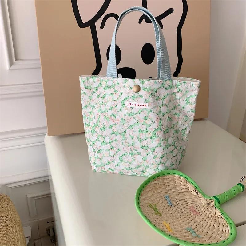 Korean Cloth Handbags Lunch Box Bag Women's Beauty Flower Canvas Bag Outside Shopping Toiletry Phone Oagnzier Storage Bags