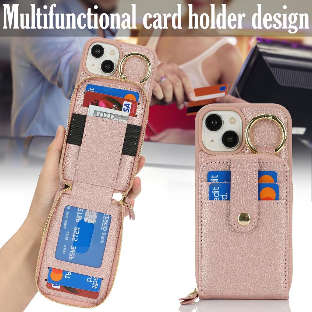 For iPhone 15 Case with Zipper Pouch/Ring Kickstand/Strap Litchi Texture PU + TPU Phone Cover
