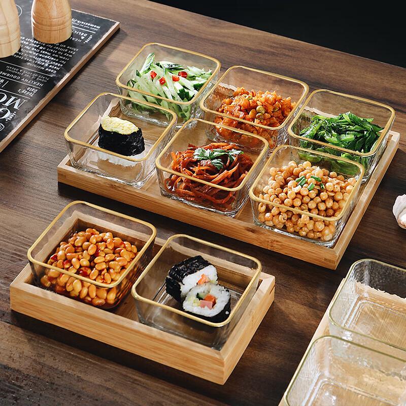 Japanese Style Divided Glass Dipping Dish Set with Bamboo Tray