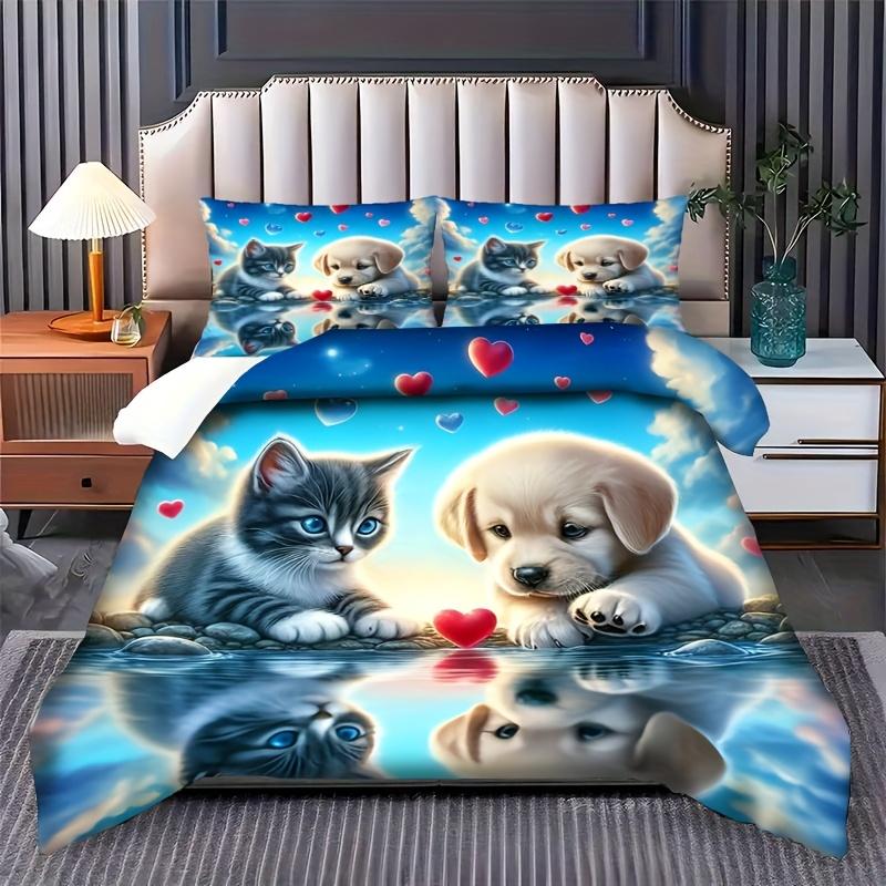 

Warm and Cute Cat and Dog Romantic Couple Theme Pattern Bedding Set Machine Washable Including 1 Duvet Cover + 1/2pillowcases EU Single(135*200cm)3pcs