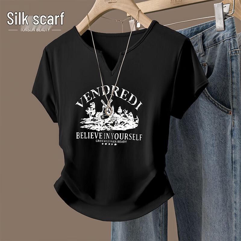 Women s Slim-Fit Letter Print Short Sleeve T-Shirt M