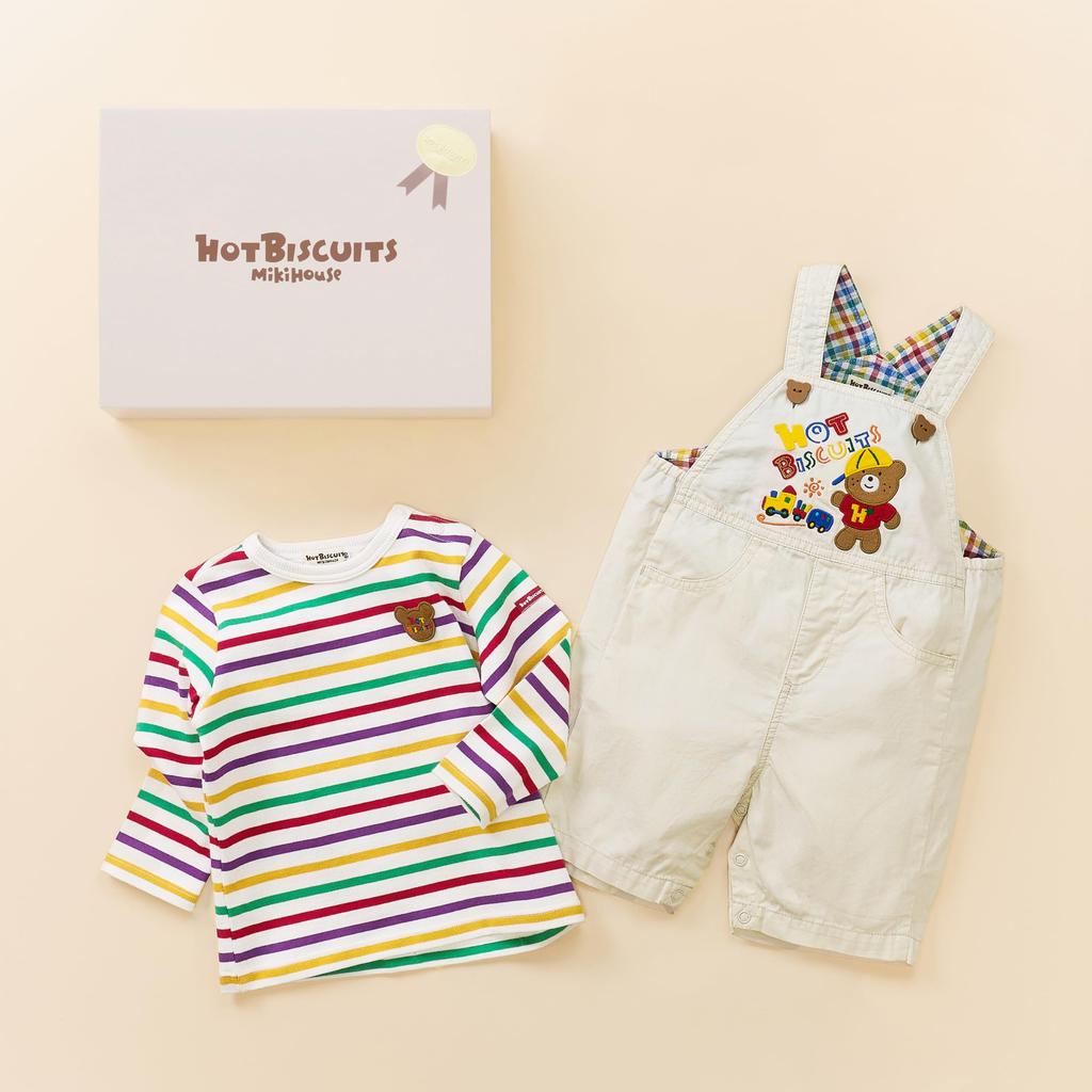 MIKI HOUSE HOT BISCUITS Overalls Gift Set for Boys and Girls, Baby, Kids, Baby Shower Gift, White, Size S (70-80cm), Box Included, 74-9936-145