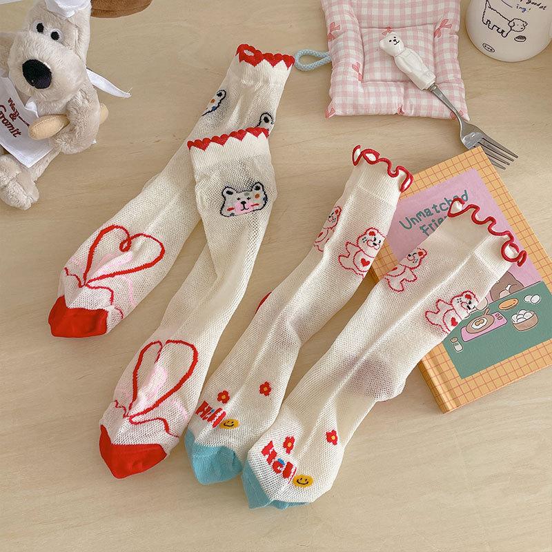 Süße Mädchen Netz dünne Socken Einfarbige Pünktchen Socken Süße Cartoon Bären Socken Baumwollsocken