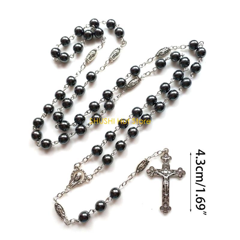 Black Hematite Rosary Necklaces Pendant Church Souvenirs Prayer Long Chain D57B
