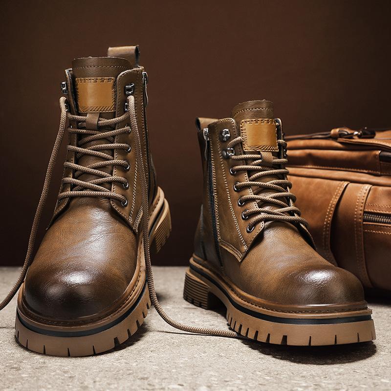Men's High-top Locomotive Boots Leather Side Zipper Platform Leather Boots Autumn and Winter Fashion Retro Tooling Boots
