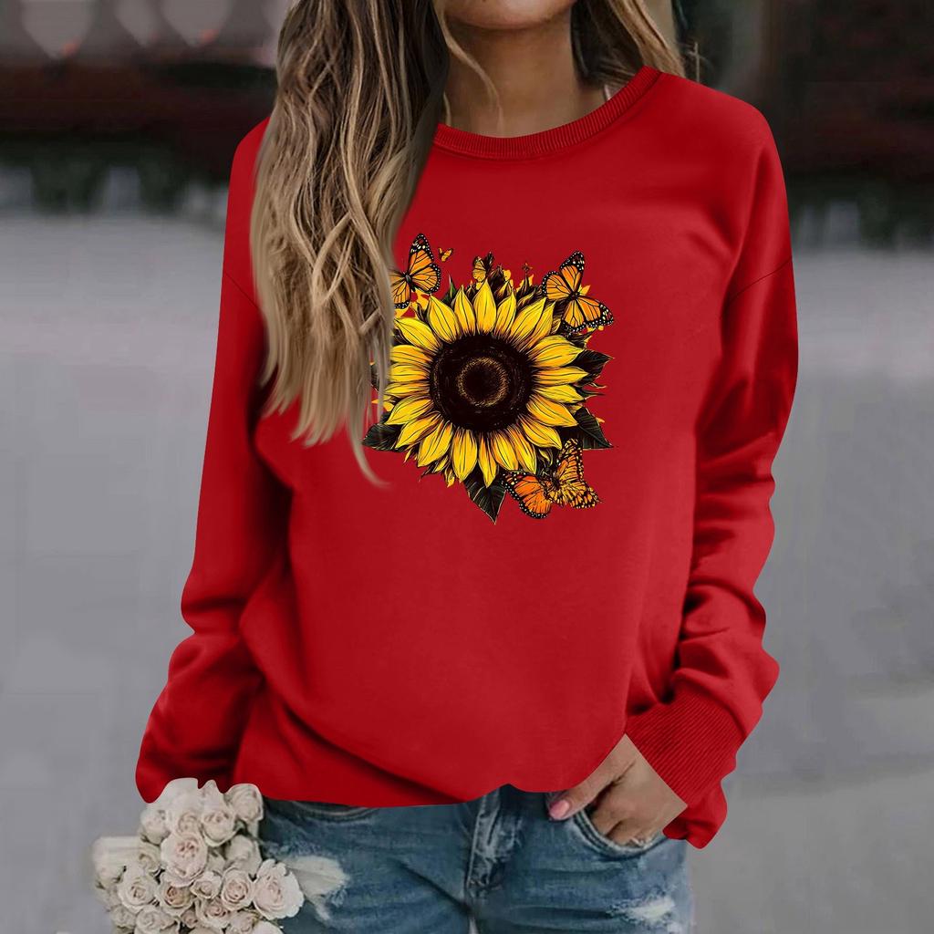 Sweat-shirt décontracté à manches longues et col rond pour femme, couleur unie, imprimé