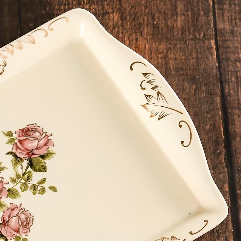 Luxury Porcelain Square Tray Floral Ceramic Plate for Cake, Fruit Tea Party