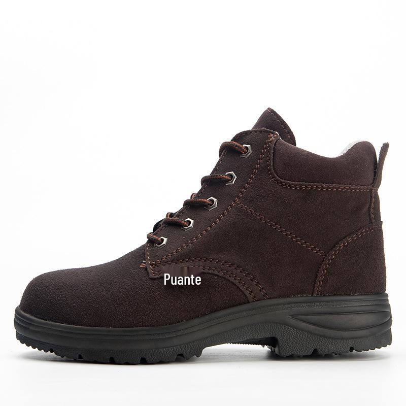 Puante Anti-Smash Suede Safety Work Shoes - All-Season Lace-up for Construction Sites Brown Suede Leather *42