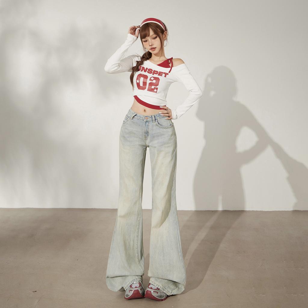 American retro old micro-pull jeans women's autumn and winter new Spice Girl low-rise loose and thin horn pants