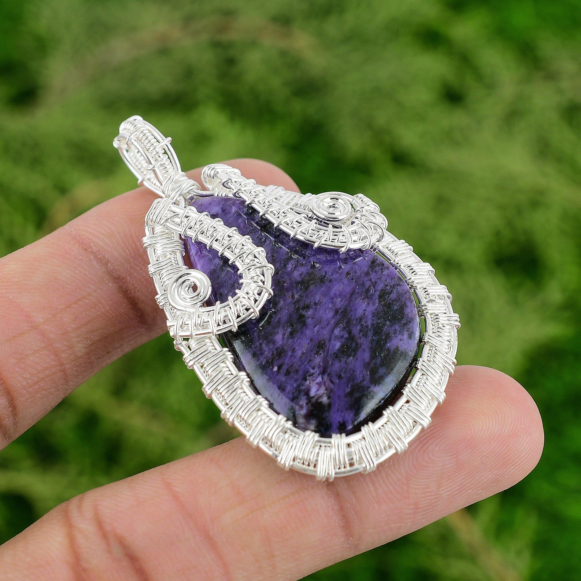 

Trillion Natural Russian Charoite Bezel Wire Wrapping Pendant Jewelry 925 Silver