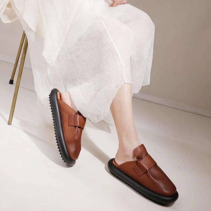 

Женские тапочки Johnature на мягкой подошве в стиле ретро, ​​однотонные повседневные уличные шлепанцы из натуральной кожи с квадратным носком