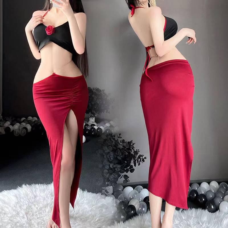 Rose Lady Sexy Backless Cheongsam Nightdress Lingerie Set
