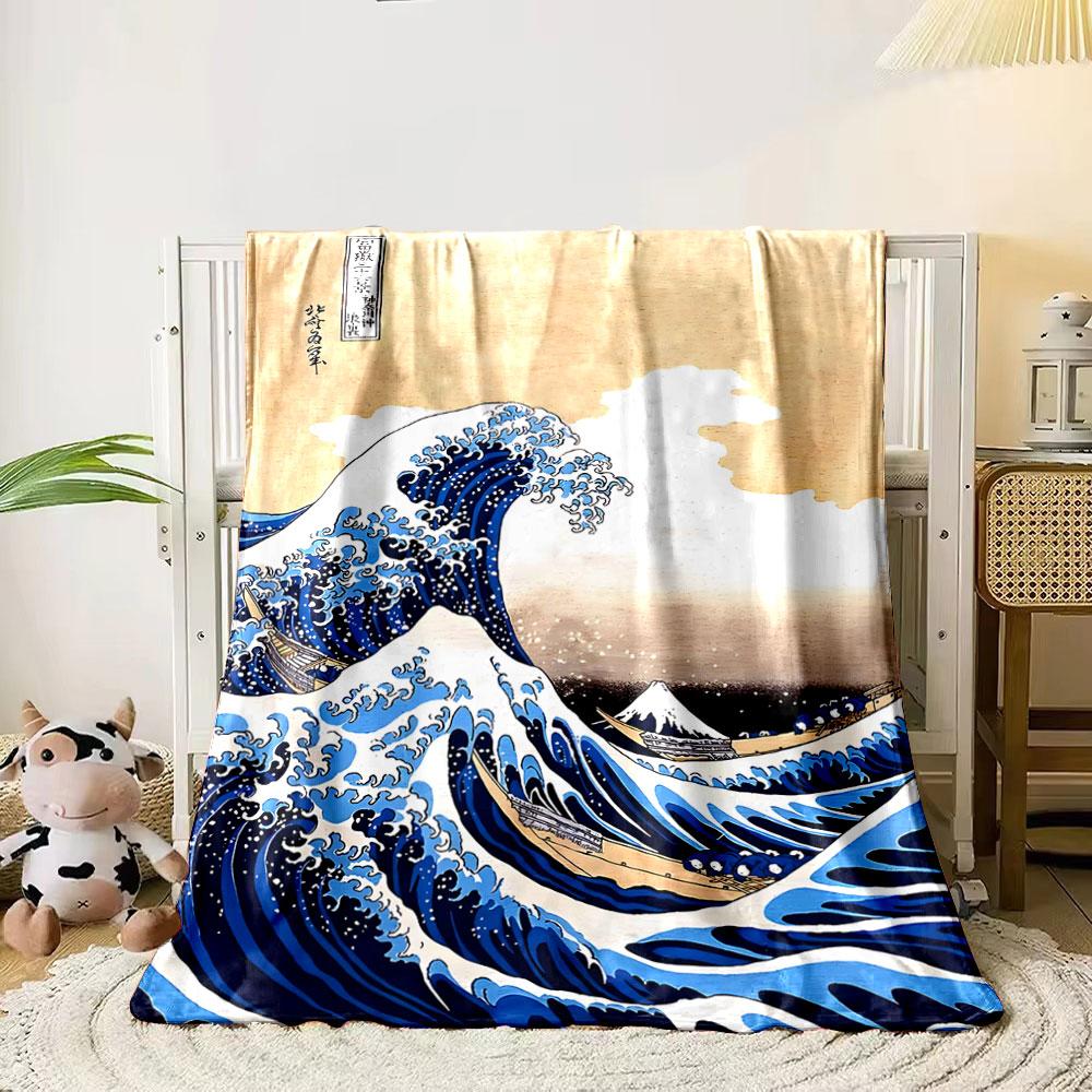 

The picture features large blue waves with curved crests, boats, and Mount Fuji. for all seasons blanket lunch break throw gift 80cm x 120cm