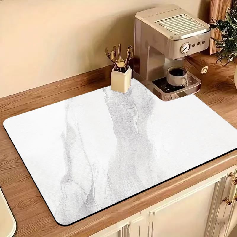 Light Grey Ink Marble Coffee Mat Quick Drying Absorbent Non Slip Coffee Machine Counter Protector Mat Coffee Decor Rug