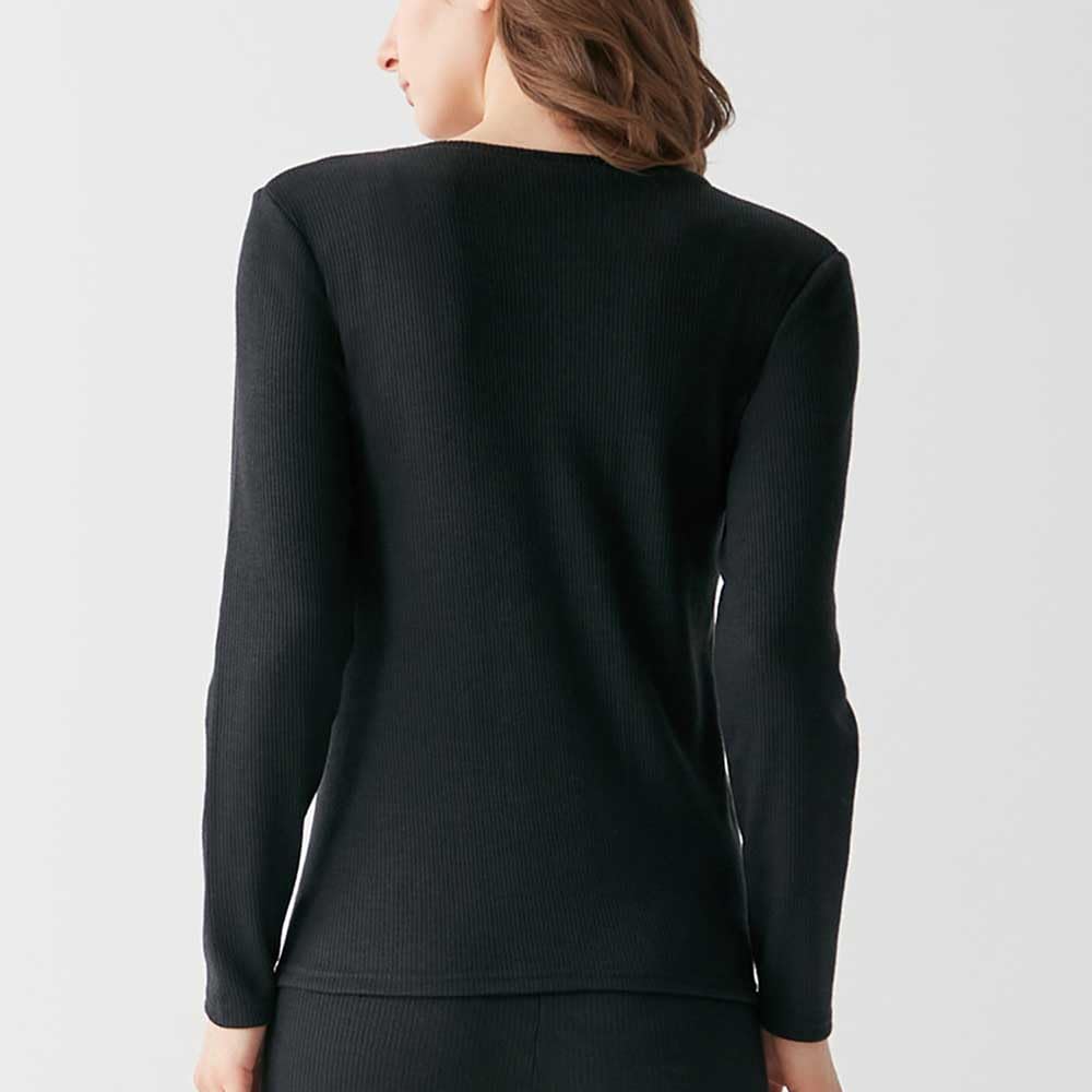 Gunze HOTMAGIC MH8446 Long Sleeve Cotton Warm Inner Rib Black Women's T-Shirt, Blend, Moisture-Wicking, Heat-Generating, Material,