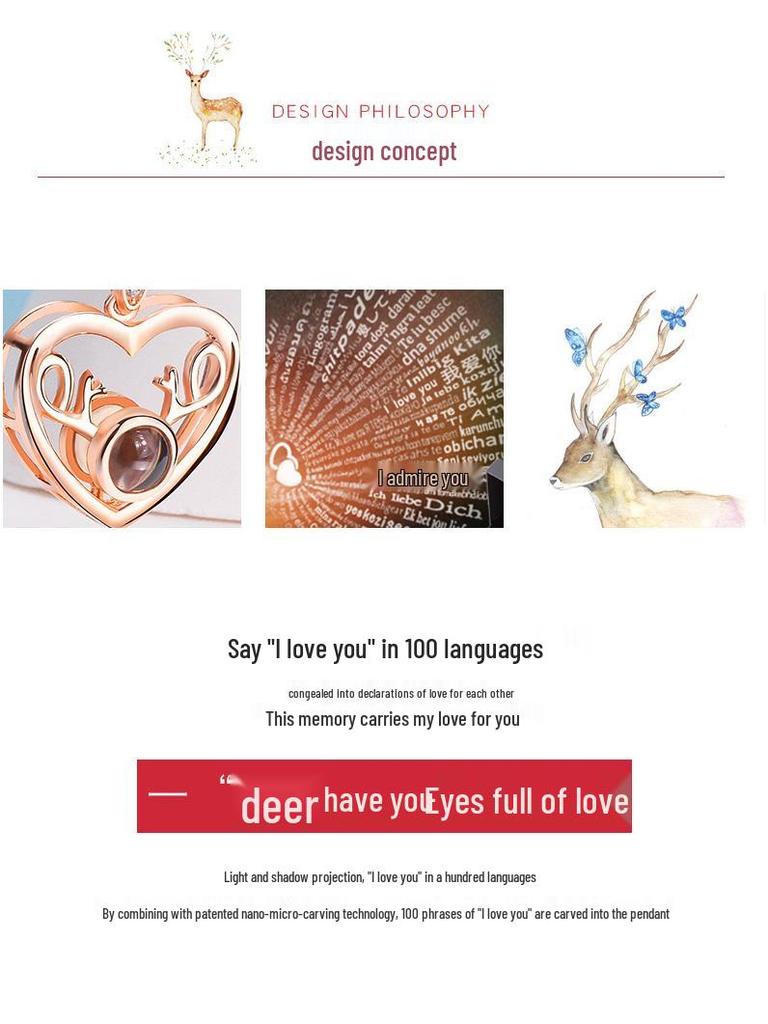Yin Yi Hirsch Anhänger Halskette: "Ich liebe dich" in 100 Sprachen, Schlüsselbeinkette im koreanischen Stil, perfektes Weihnachtsgeschenk für Frauen und Studentinnen.