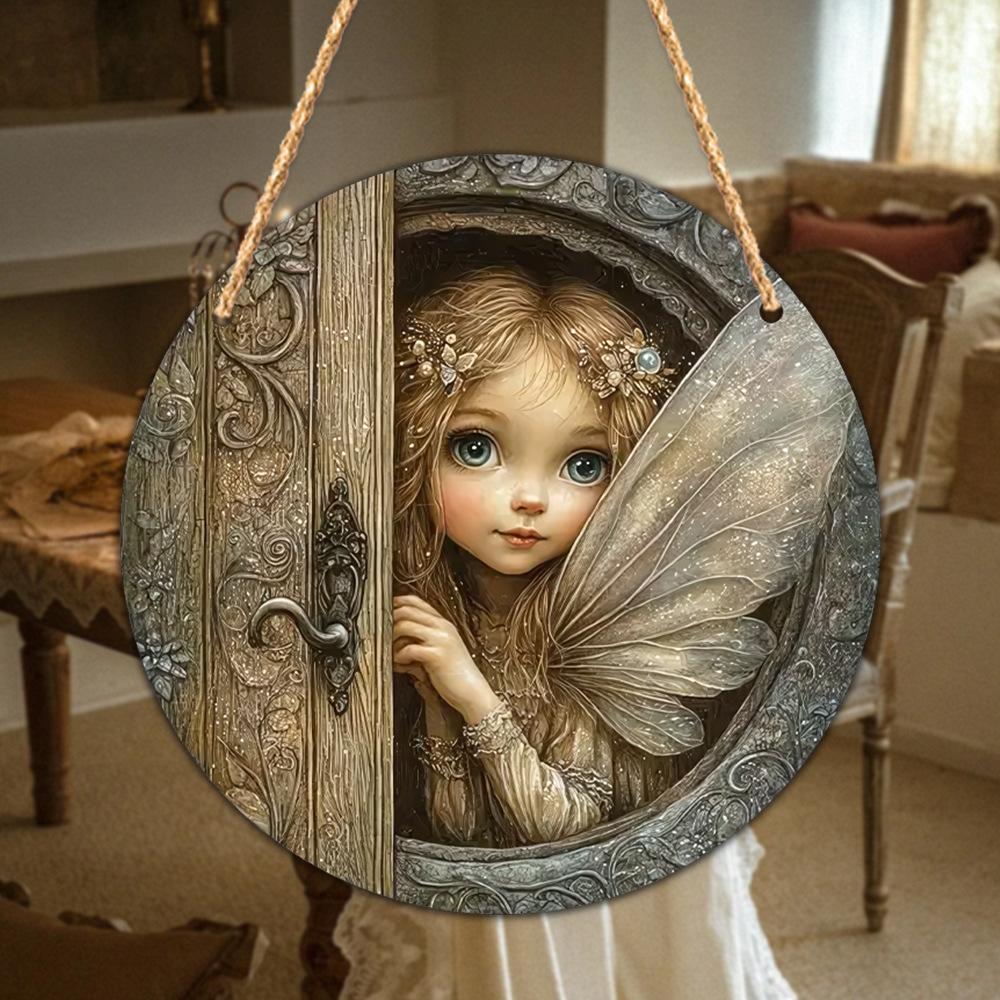 

2D Enchanted Fairy Door Wall Art, Wood Peeking Fairy with Vibrant Eyes & Wings, for Home, Garden, Party Decor, Perfect for Room Decor 1PC