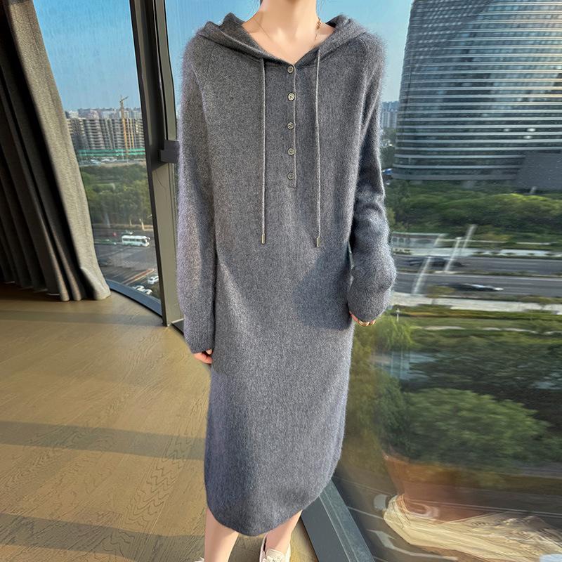 Versatile Hooded Knitted Dress - Autumn/Winter 2025: Slimming, Loose, Long Dress Shirt.