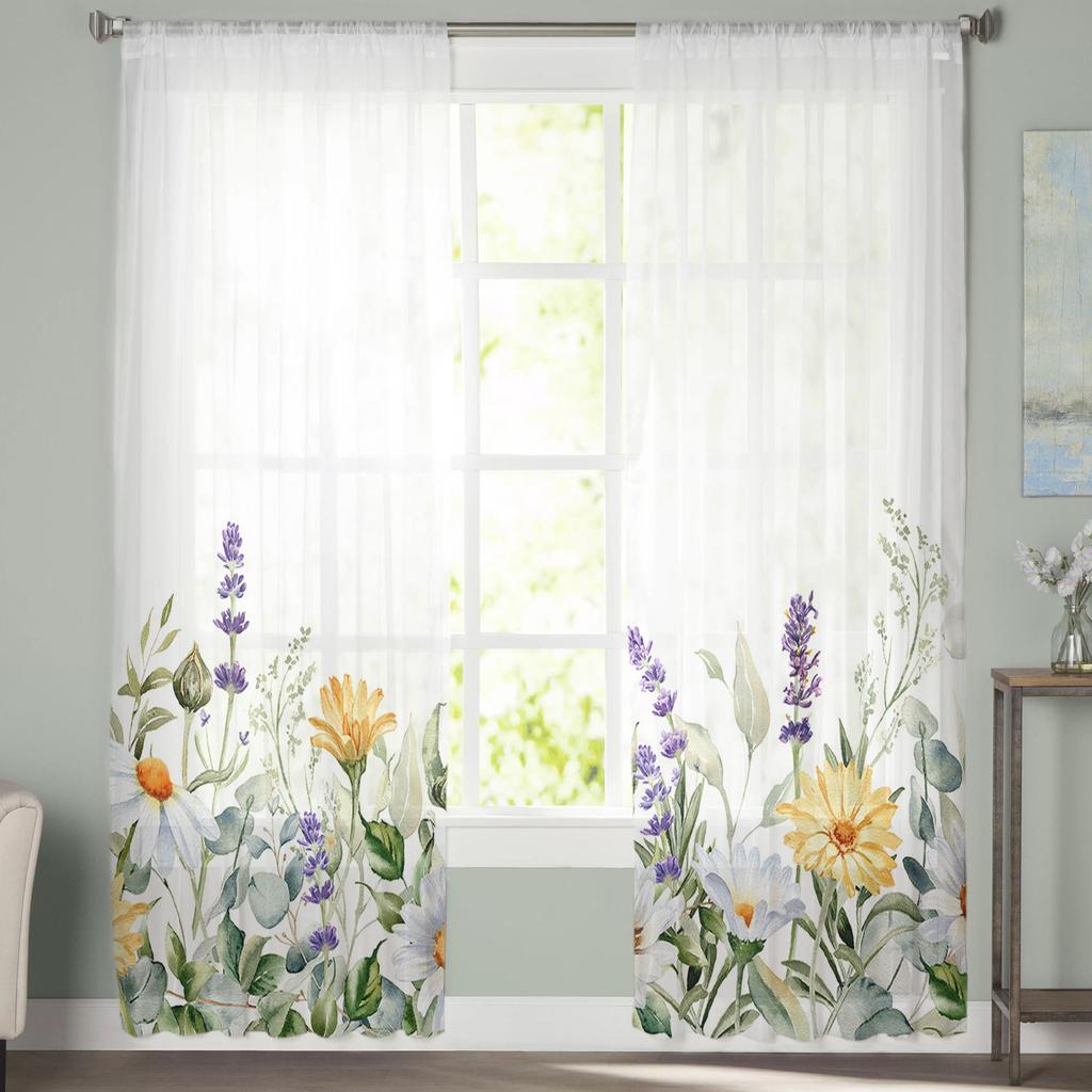 Spring Daisy Lavender Eucalyptus Tulle Curtains For Living Room Bedroom Voile Sheer Curtain Window Home Decor Drapes