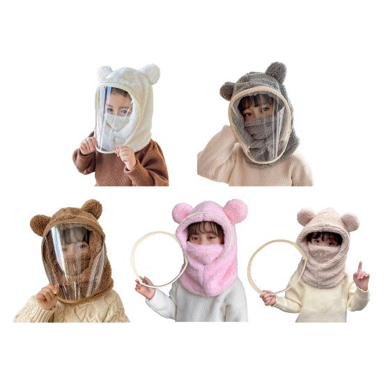 Children Hat with Soft Bear Ears Anti-Fog Lenses Fluffy Plush Windproof Detachable Lenses Cold-resistant Winter Hat