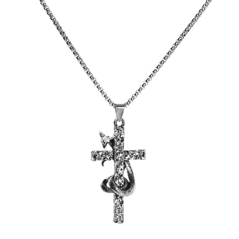 Vintage Ancient Snake Wrapped Cross Ins Retro Europe and America Rap Hip Hop Men and Women Clavicle Chain Stylish Titanium Steel Necklace