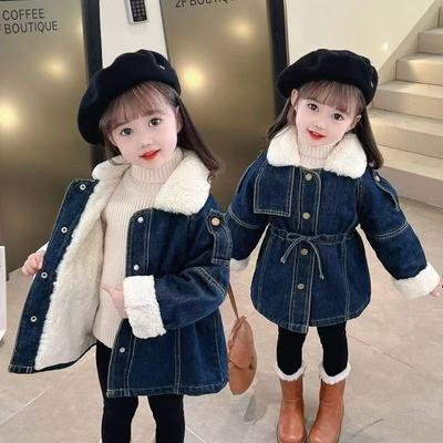 Girls' Fashionable, Thick, Warm Denim Jacket; Fall/Winter Children's Fleece-Lined Denim Jacket