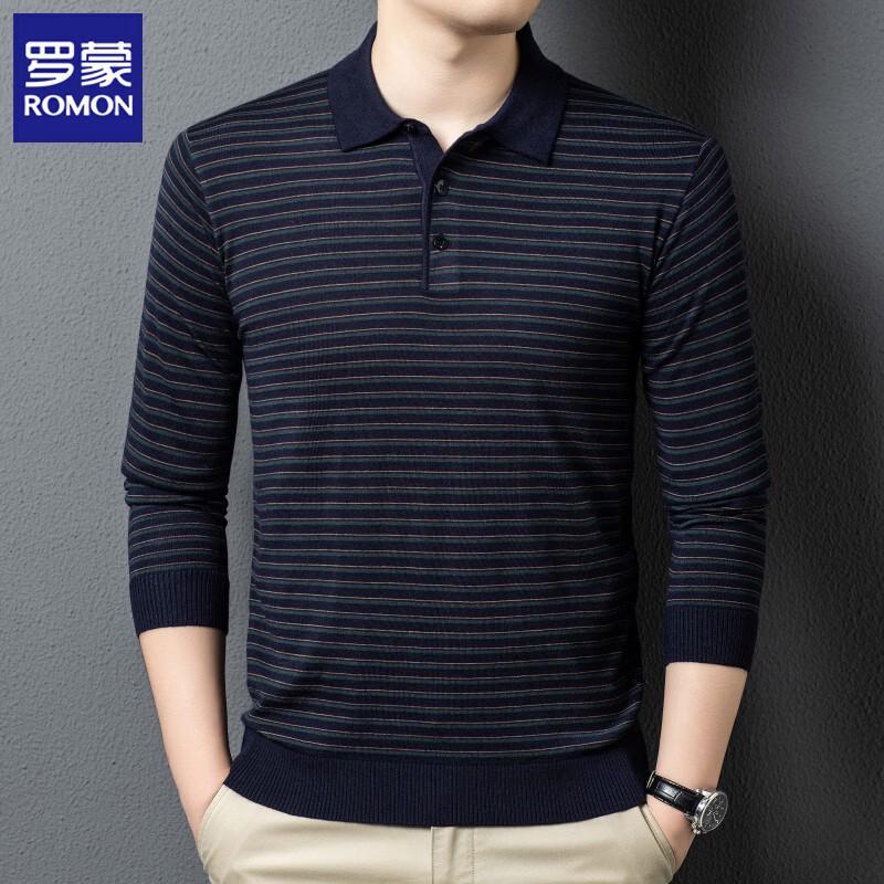ROMON Men's Wool Blend Striped Polo Neck Sweater