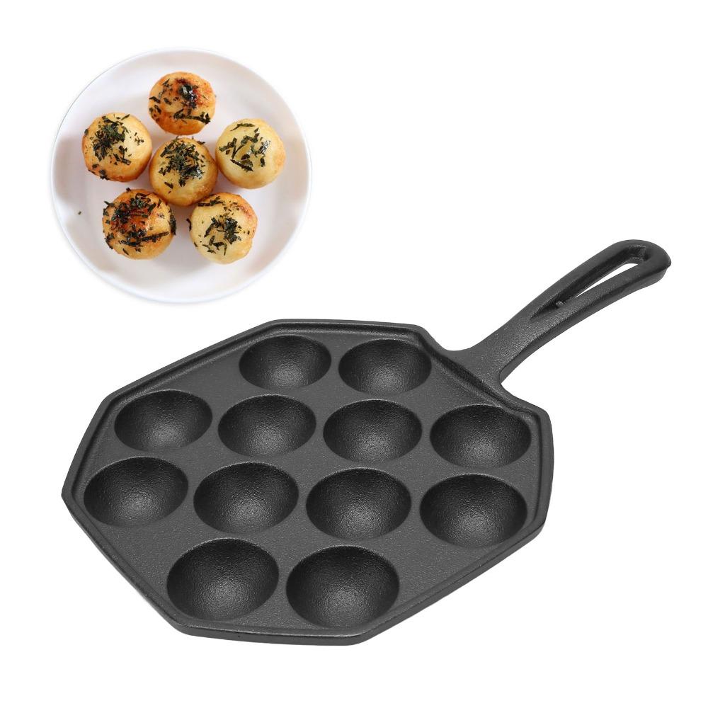 Cast Iron Egg Puff Frying Pan Non-Stick Even Heat Distribution Takoyaki Pan Heat-Resistant Handle 12 Hole Octopus Meatball Grill