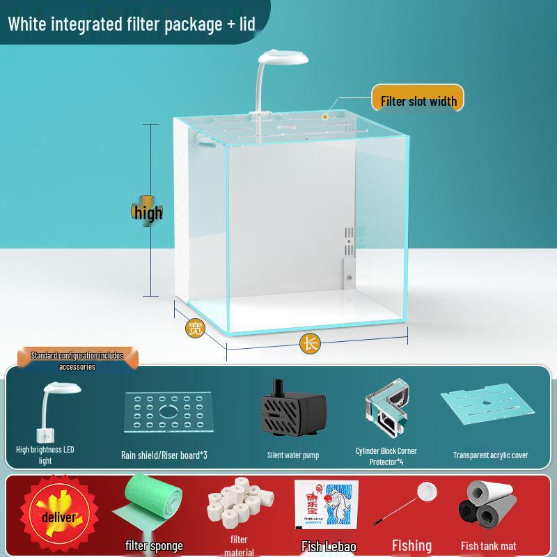 Compact Ultra-White Glass Fish Tank with Back Filter - Minimal Maintenance Desktop Aquarium for Goldfish