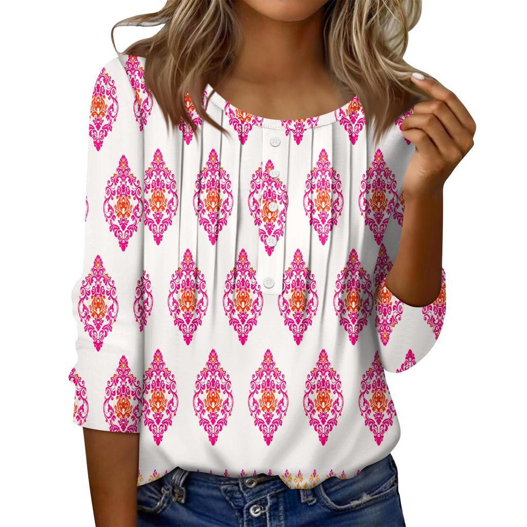 Women's Round Neck Pull Stripe Decorative Button Top Casual Solid Color 3/4 Sleeve T Shirt