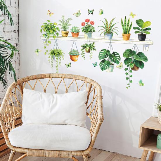 Tropical Plants Shelf Wall Sticker Green Potted Plant Wall Decals with Butterfly Flower for Living Room Bedroom Office