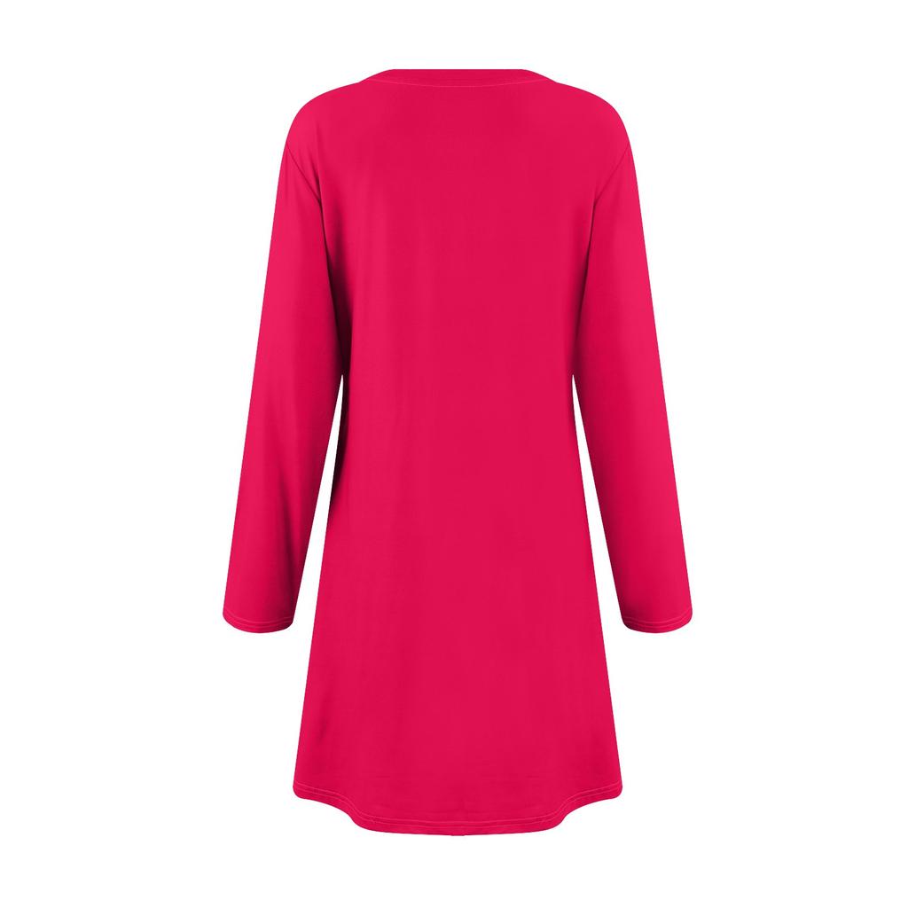 Women's Fashion Casual Color Round Neck Long Sleeve Short Side Pocket Dress