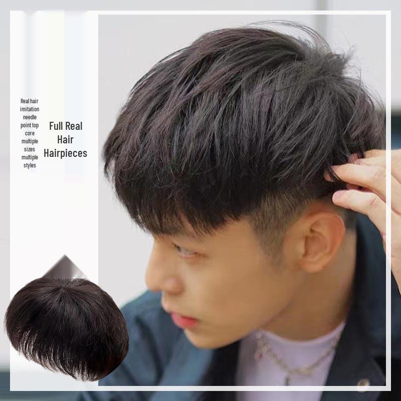 Men's Short Real Hair Wig for Baldness - Fluffy, Lightweight, Thin Patch Style
