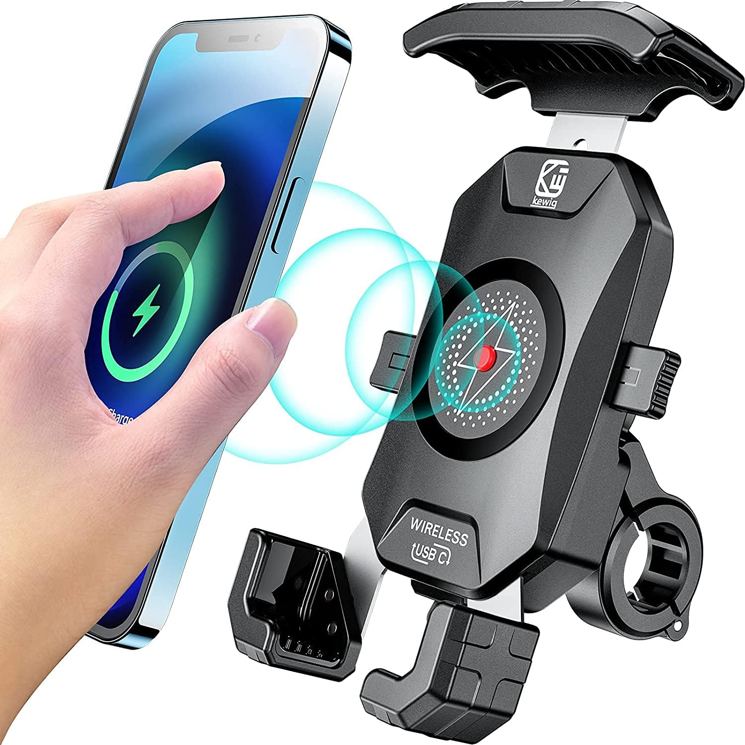 

KEWIG Motorcycle Phone Mount Qi 15W Wireless & USB C 20W Fast Chargeing Port, Automatically Lock & Quick Release Handlebar Cell Phone Holder For