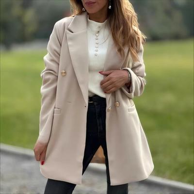 Women's Trench Coat Notch Lapel Double Breasted Mid Long Pea Coat with Pockets