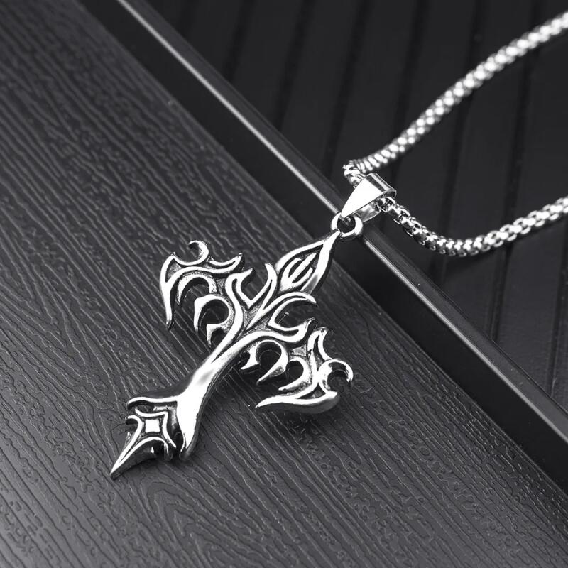 Fashion Vintage Flame Cross Pendant Necklace For Women Men Long Chain Punk Goth Trendy Accessories Choker Gothic Jewelry